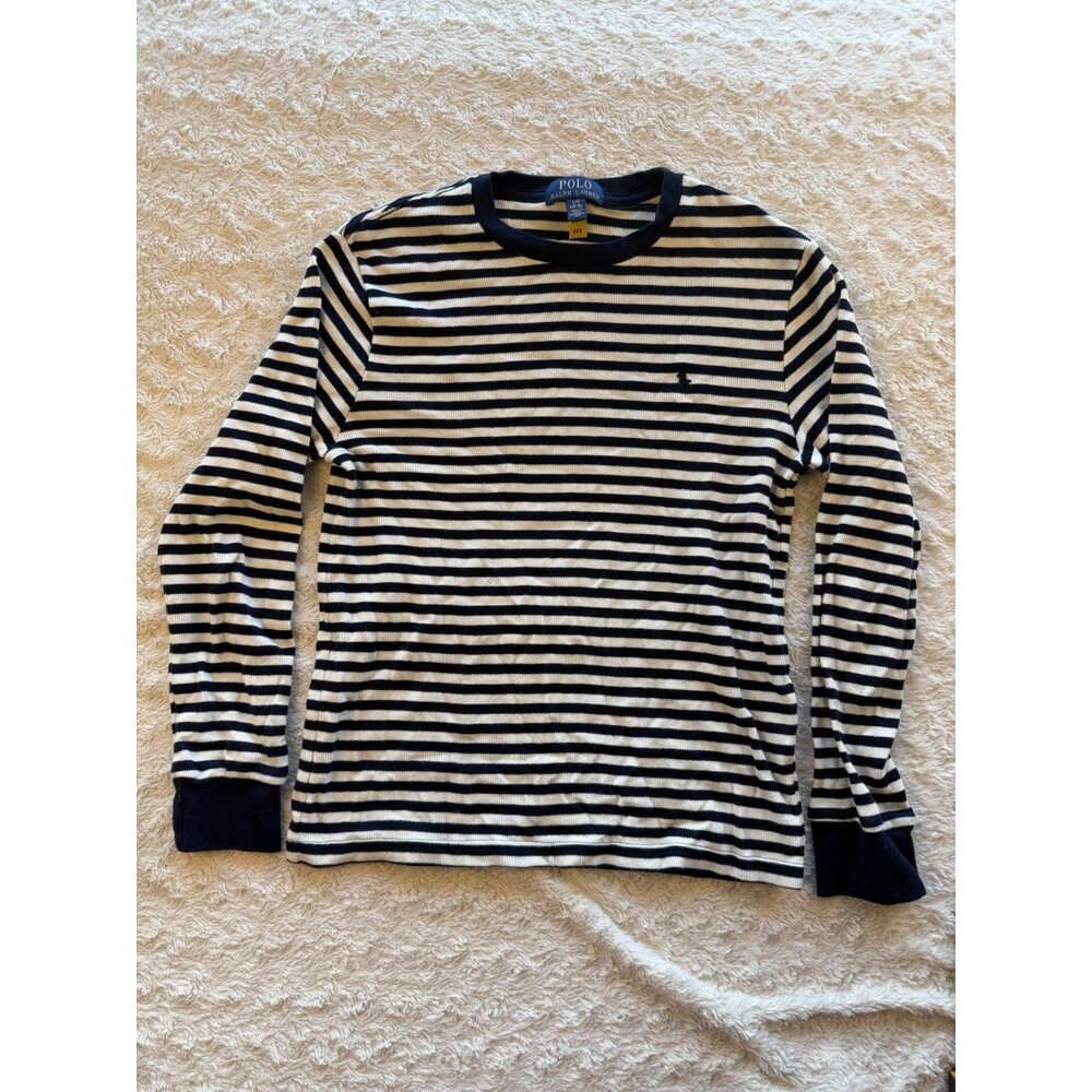 Polo Ralph Lauren Kids Striped Cotton Long Sleeve Shirt Navy White L/G (14-16)